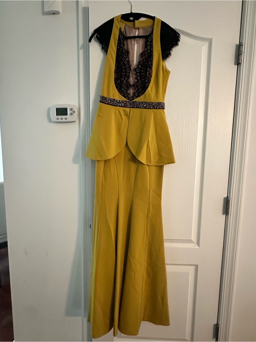 Mustard Yellow Black Lace Formal Evening Maxi Dress
